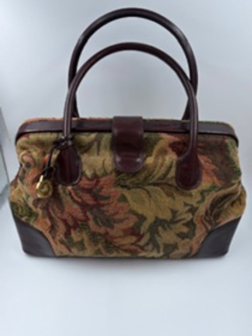 Brahmin Tapestry Carpet Handbag in Floral Damask Pattern with Leather Trim